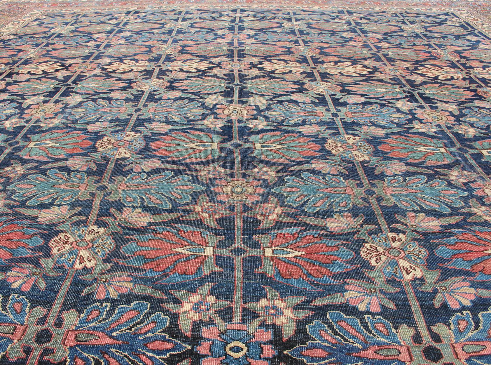 Hand-Knotted Antique Persian Bidjar Rug with a Blue Background and Tribal All-Over Pattern