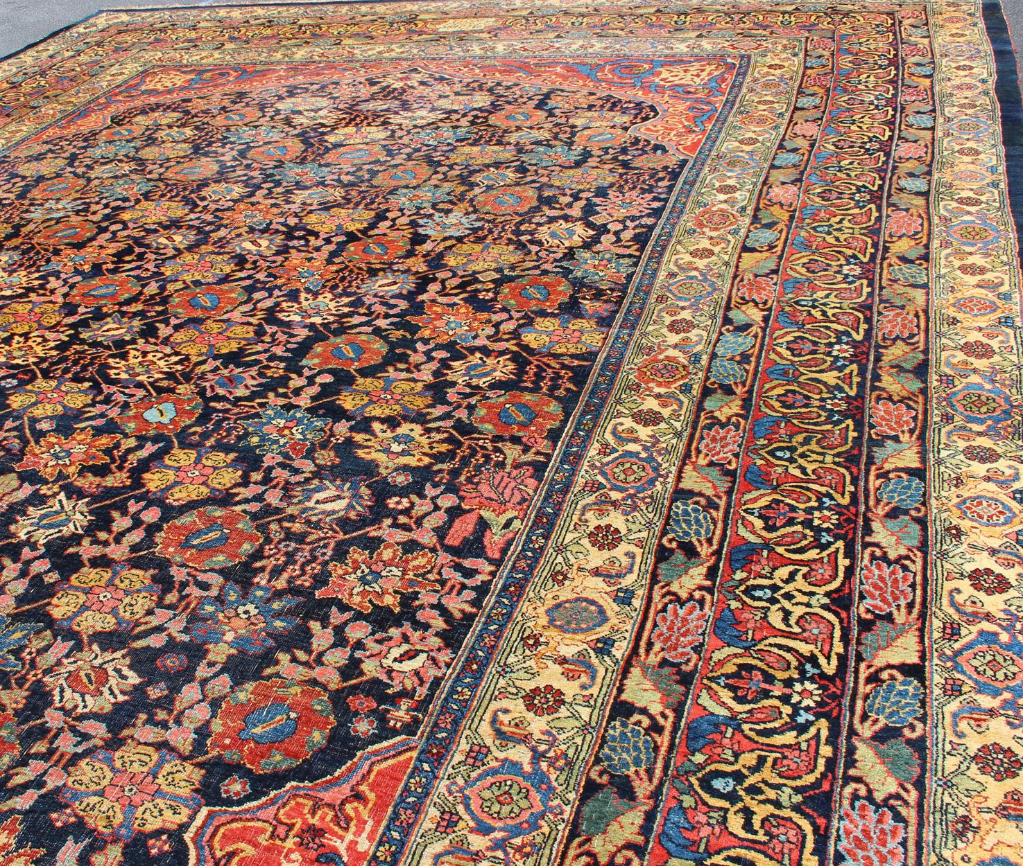 Large Antique Persian Bidjar Rug with All-Over colorful Florals & Navy Field For Sale 3