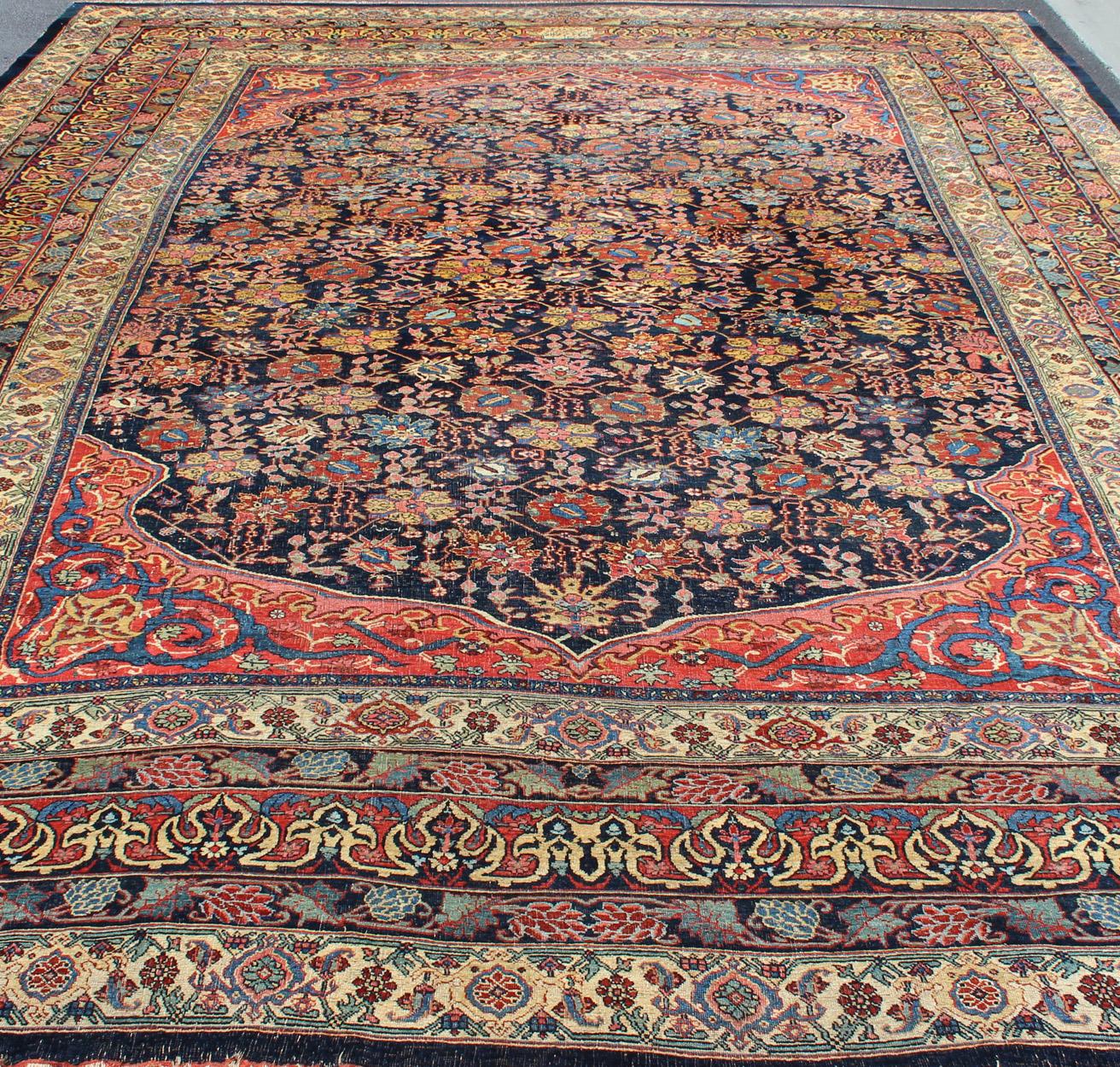 Large Antique Persian Bidjar Rug with All-Over colorful Florals & Navy Field For Sale 4