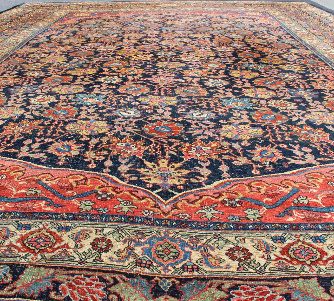 Large Antique Persian Bidjar Rug with All-Over colorful Florals & Navy Field For Sale 5
