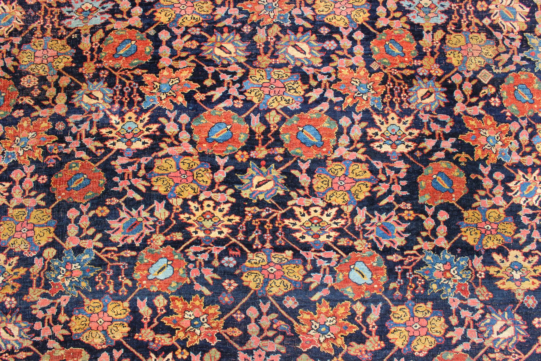 Large Antique Persian Bidjar Rug with All-Over colorful Florals & Navy Field For Sale 6