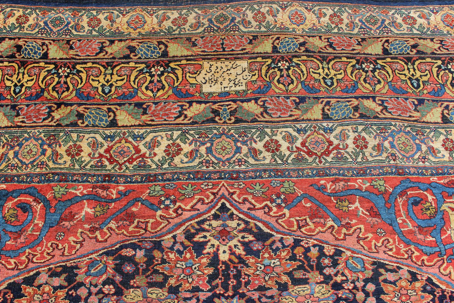 Large Antique Persian Bidjar Rug with All-Over colorful Florals & Navy Field For Sale 7