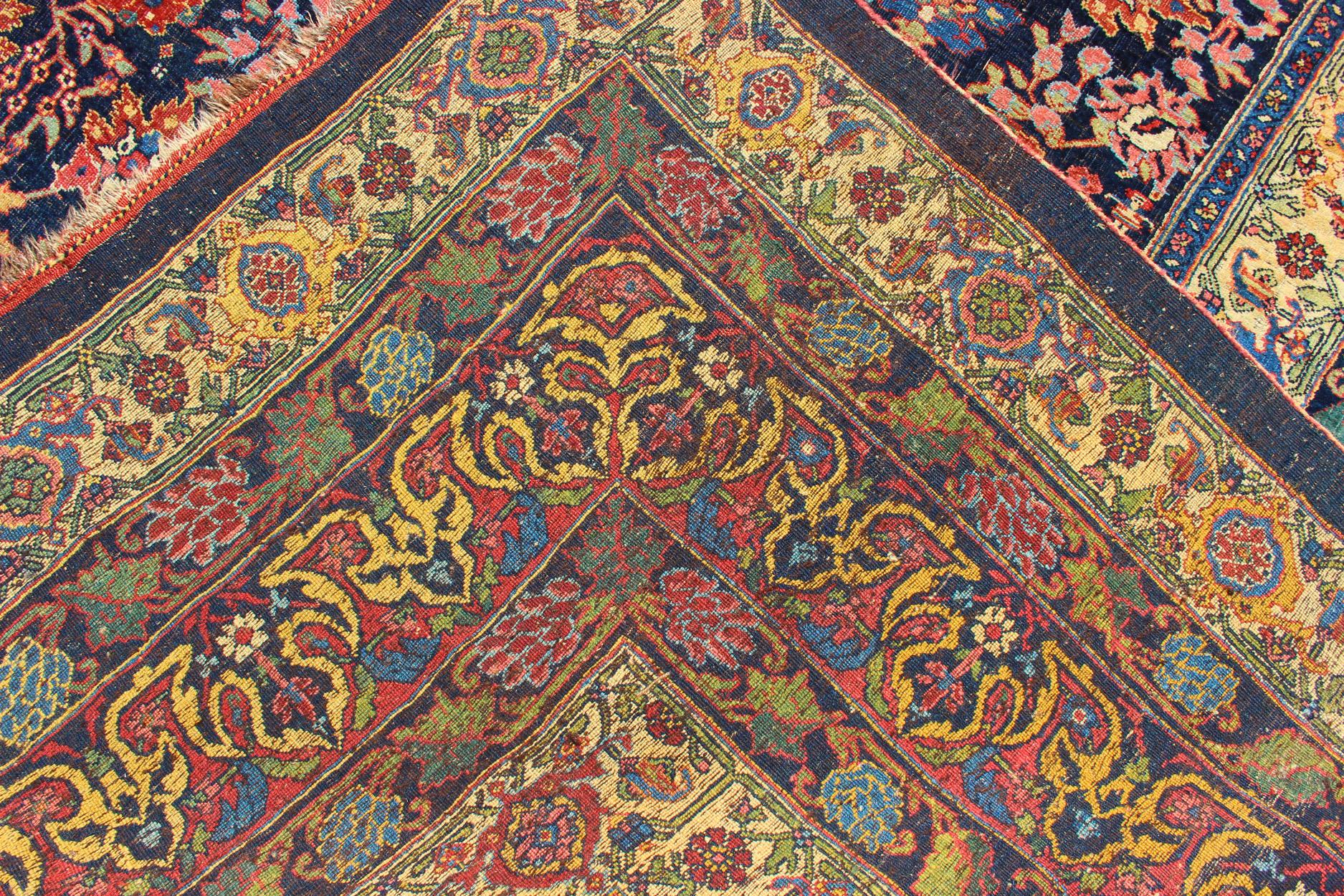 Large Antique Persian Bidjar Rug with All-Over colorful Florals & Navy Field For Sale 9