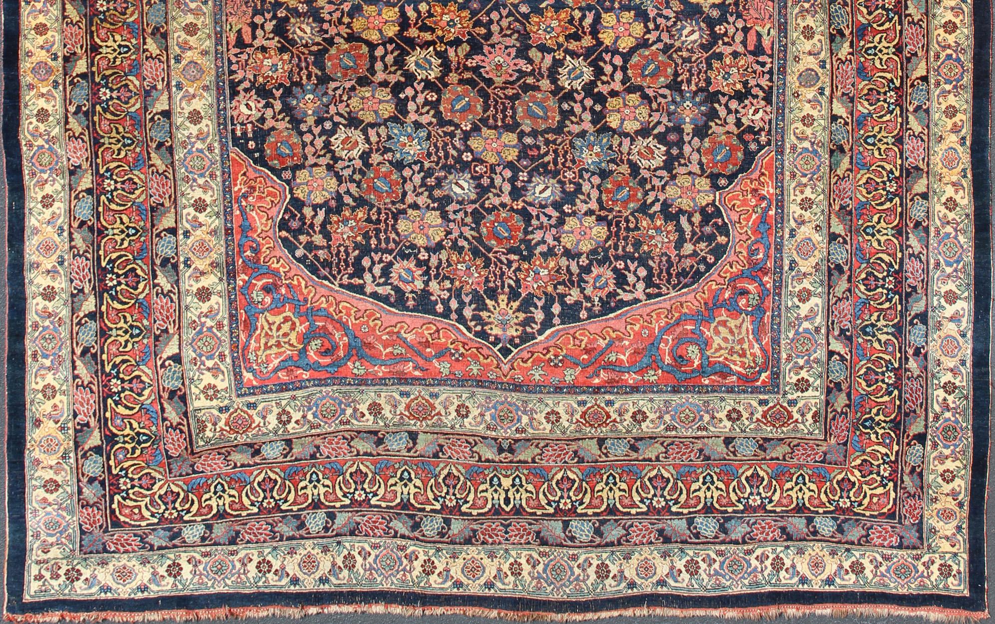 Tabriz Large Antique Persian Bidjar Rug with All-Over colorful Florals & Navy Field For Sale