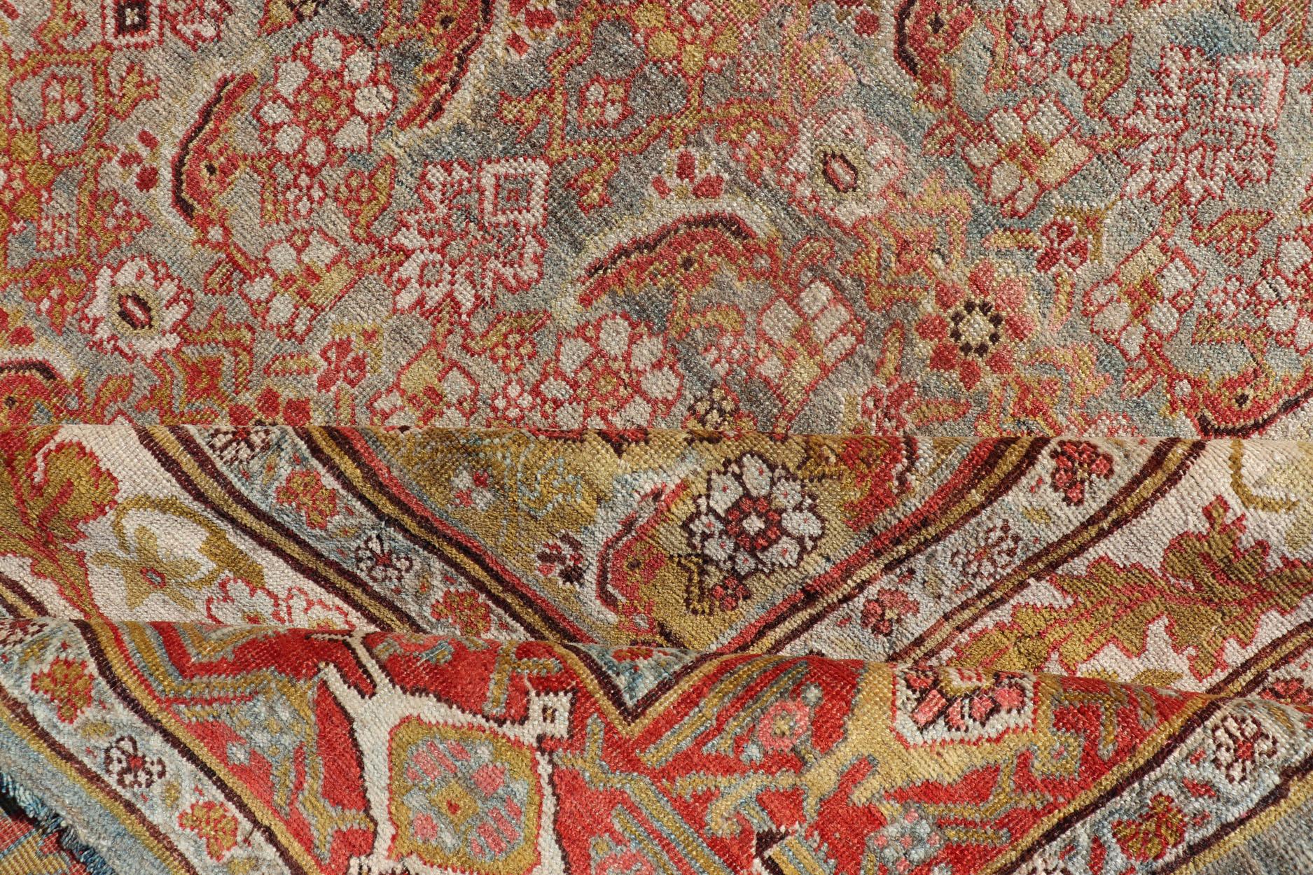 Large Antique Persian Bidjar Rug with Herati Design in Soft tones & Multi Colors For Sale 12