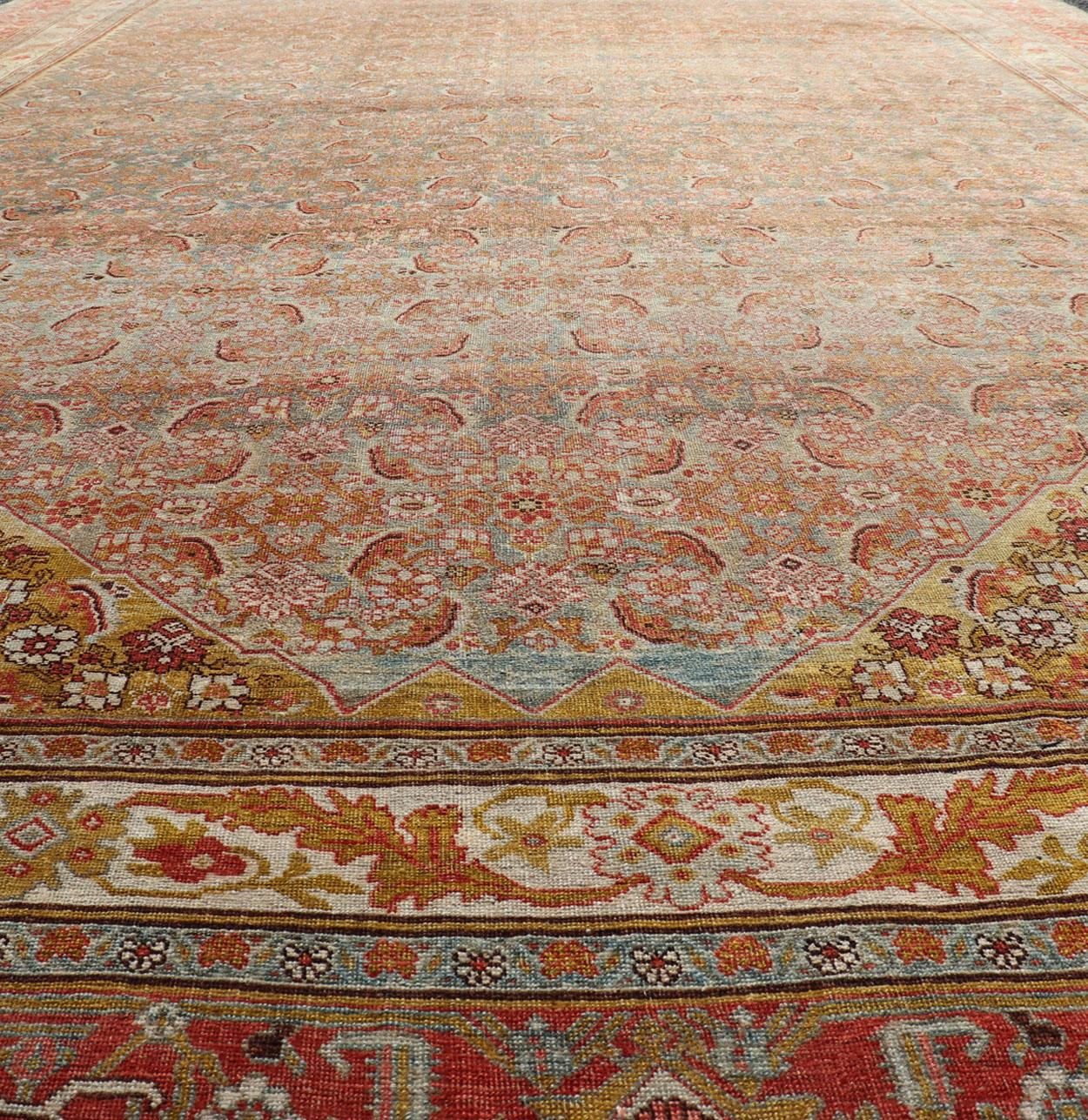 Wool Large Antique Persian Bidjar Rug with Herati Design in Soft tones & Multi Colors For Sale