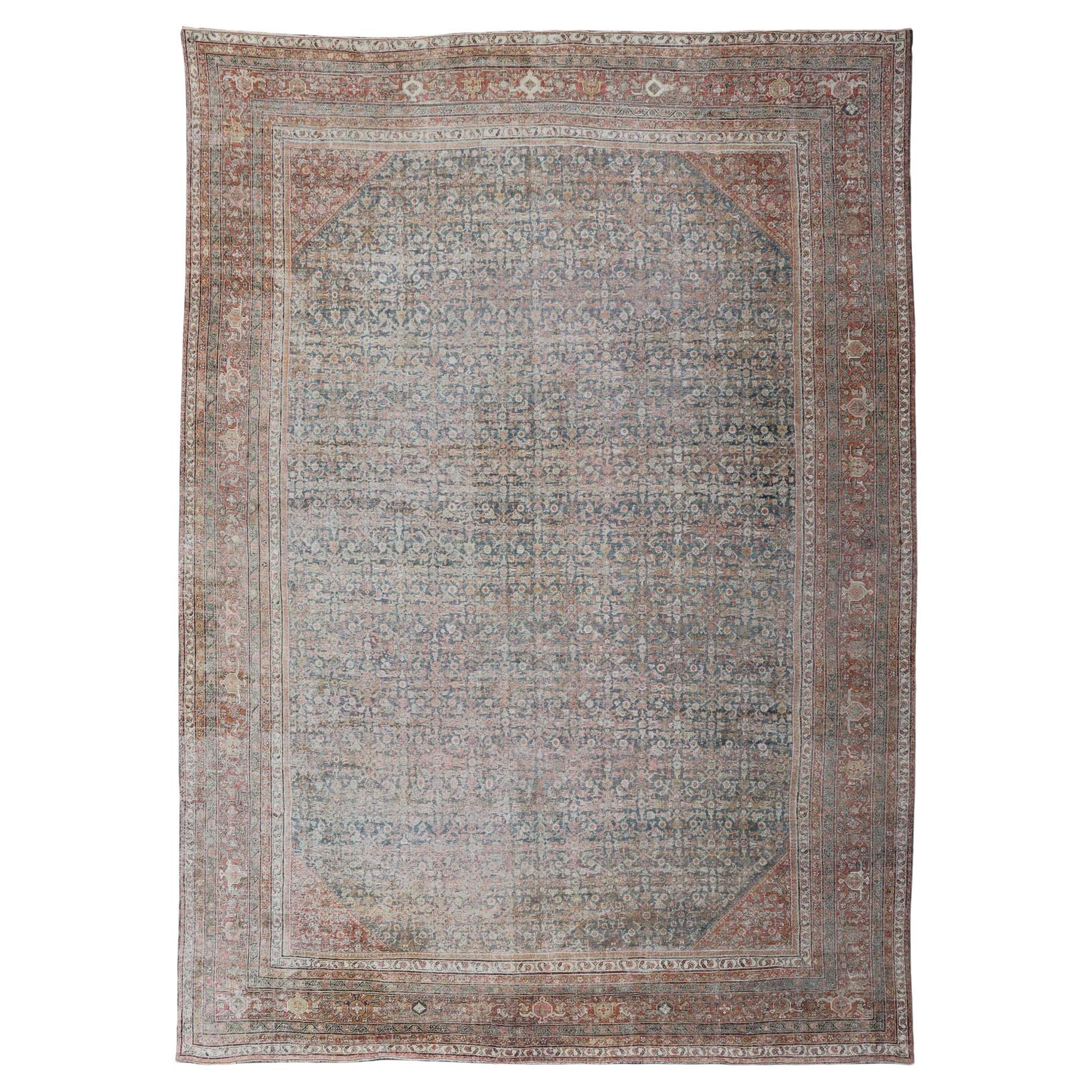 Large Antique Persian Distressed Sultanabad with All-Over Herati Design For Sale