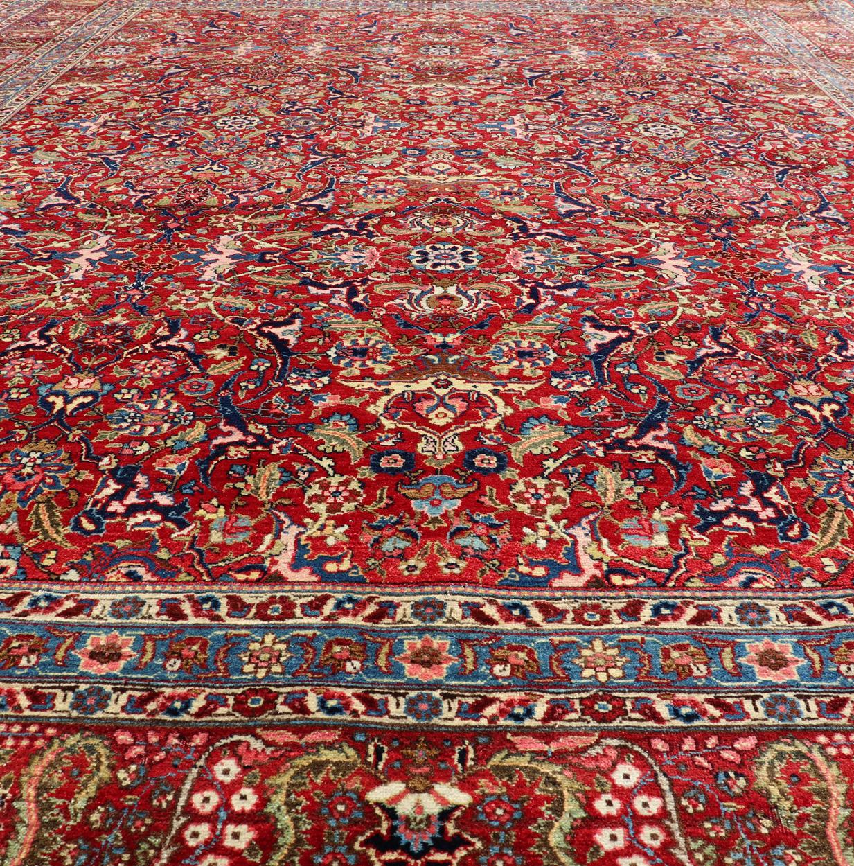 Large Antique Persian Fine Weave Tabriz in Red Background & L.Blue Guard Borders For Sale 2