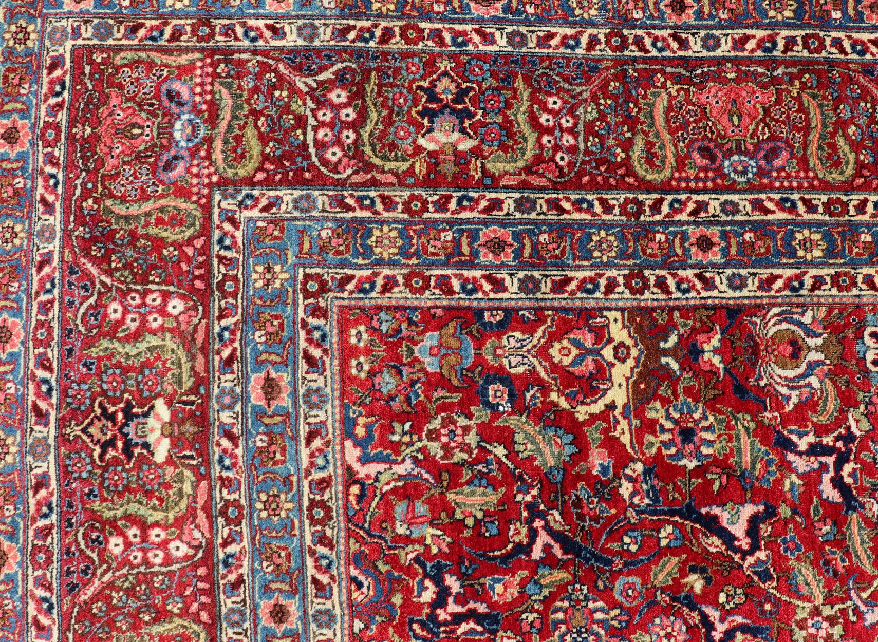Large Antique Persian Fine Weave Tabriz in Red Background & L.Blue Guard Borders For Sale 6