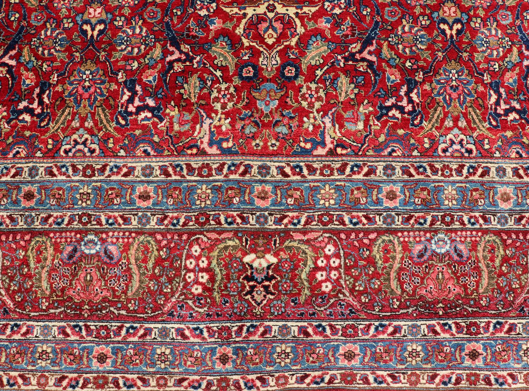 Large Antique Persian Fine Weave Tabriz in Red Background & L.Blue Guard Borders For Sale 7