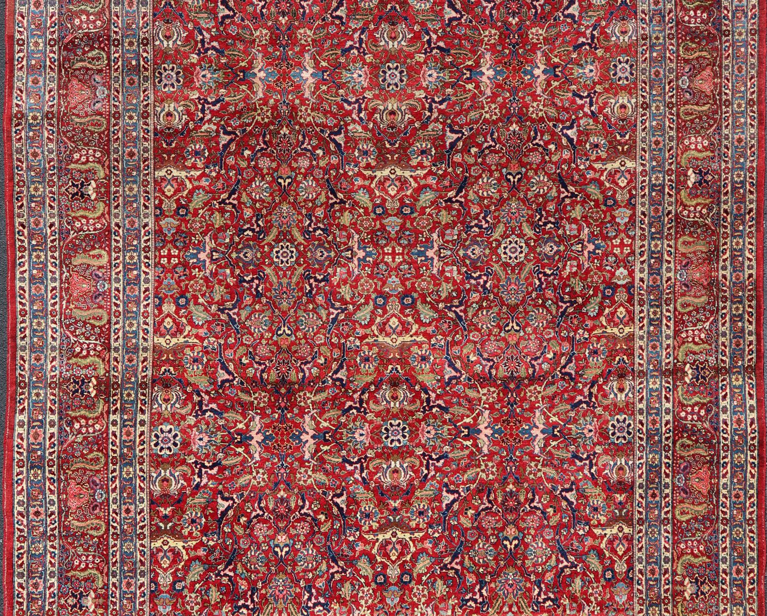 Hand-Knotted Large Antique Persian Fine Weave Tabriz in Red Background & L.Blue Guard Borders For Sale