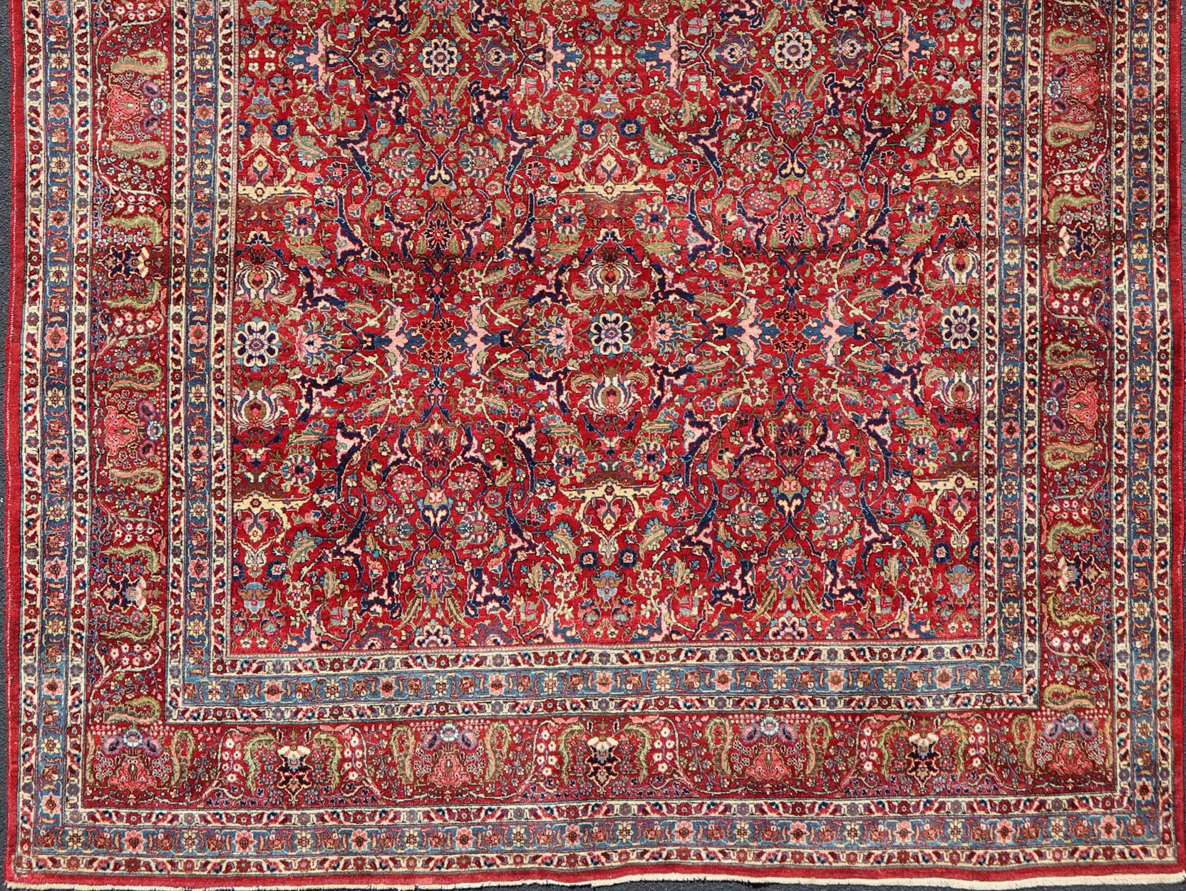 Large Antique Persian Fine Weave Tabriz in Red Background & L.Blue Guard Borders In Good Condition For Sale In Atlanta, GA