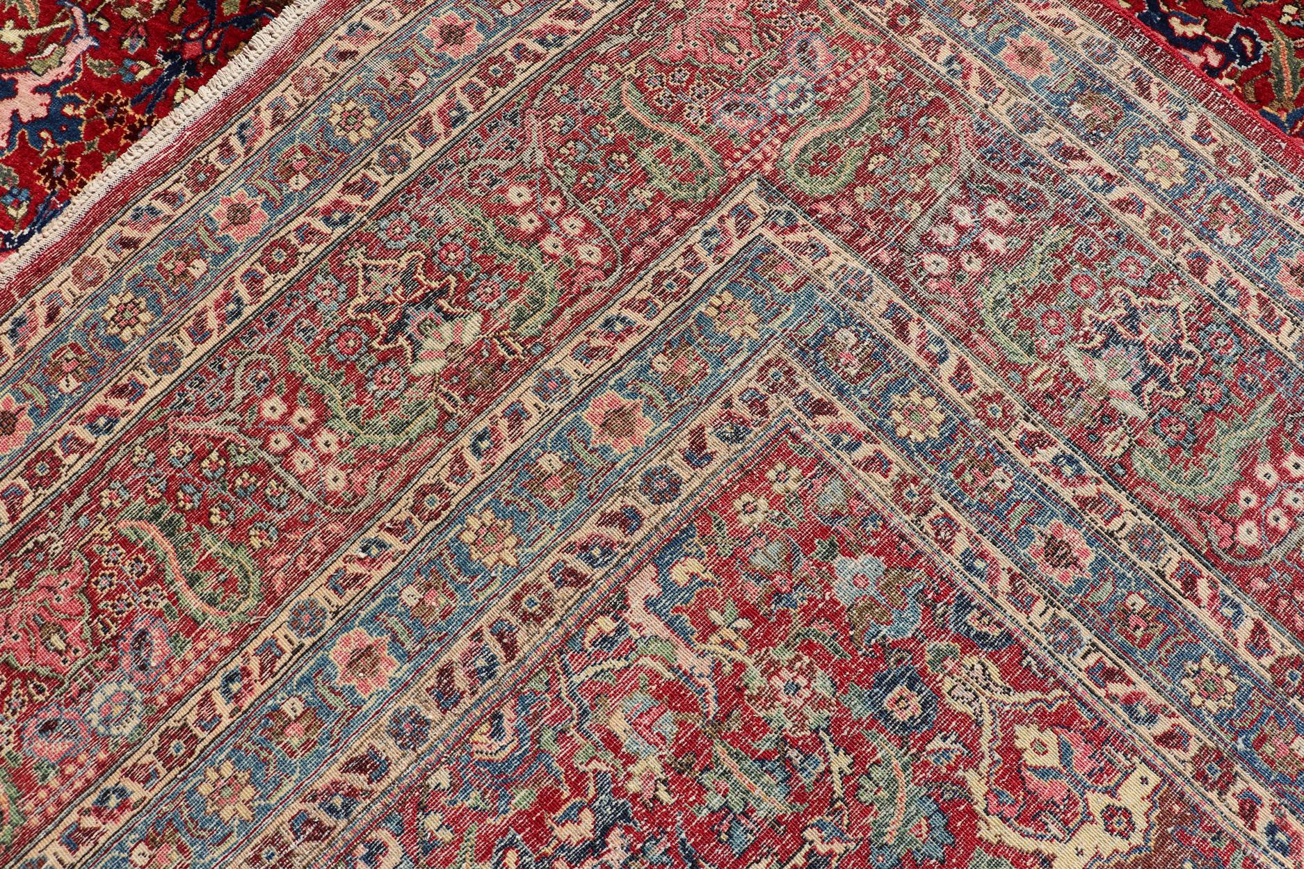 Large Antique Persian Fine Weave Tabriz in Red Background & L.Blue Guard Borders For Sale 10