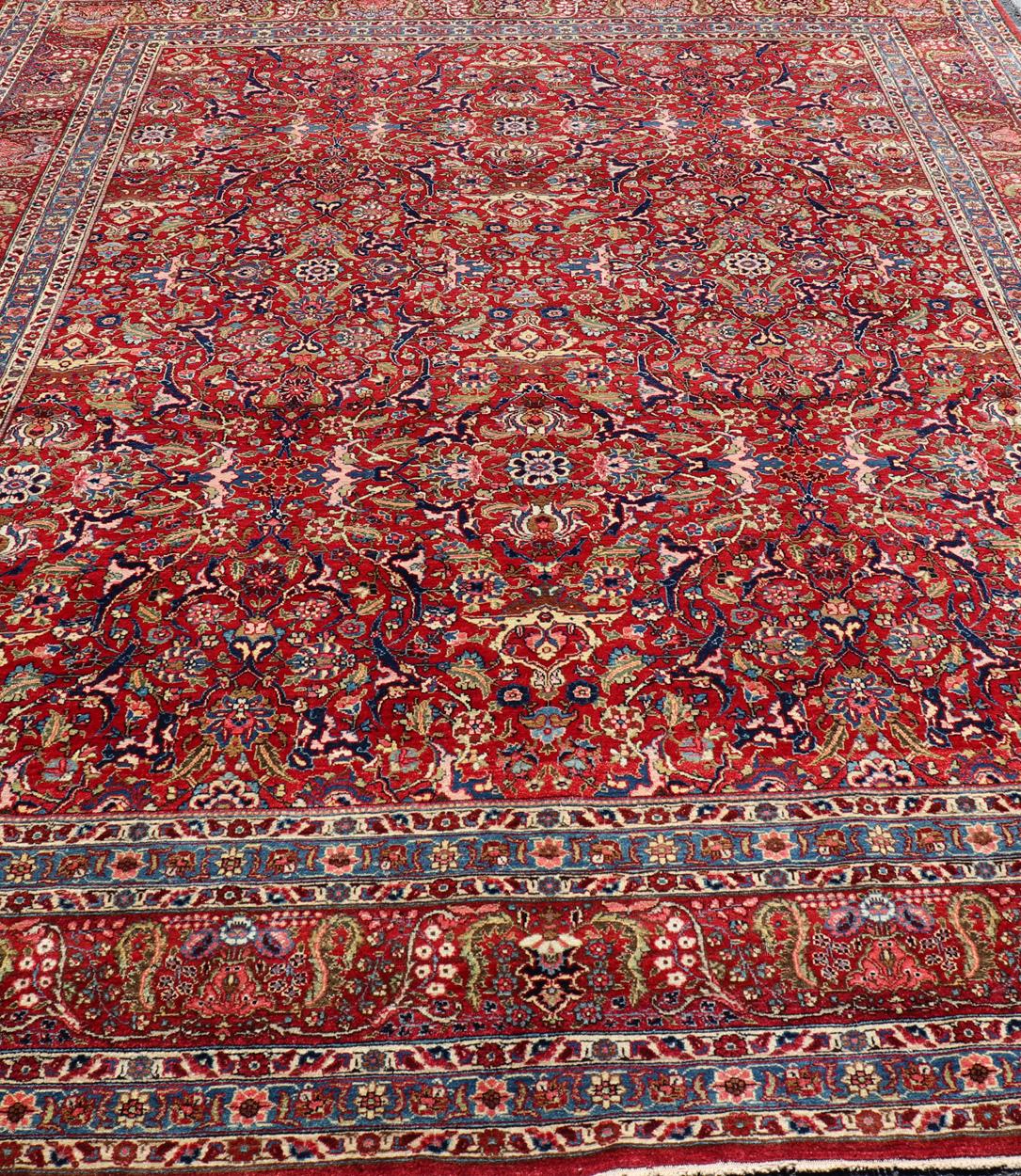Large Antique Persian Fine Weave Tabriz in Red Background & L.Blue Guard Borders For Sale 1