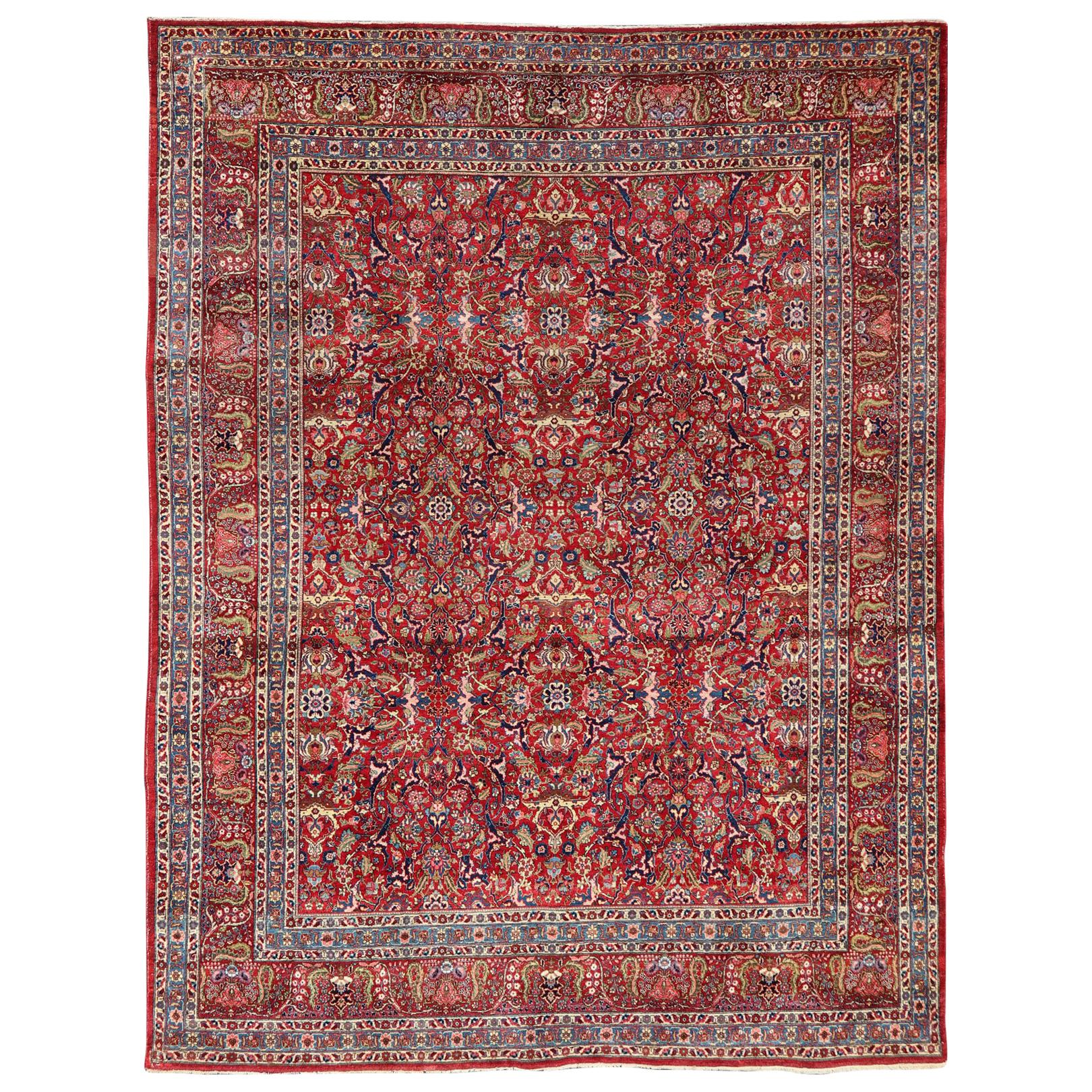 Large Antique Persian Fine Weave Tabriz in Red Background & L.Blue Guard Borders