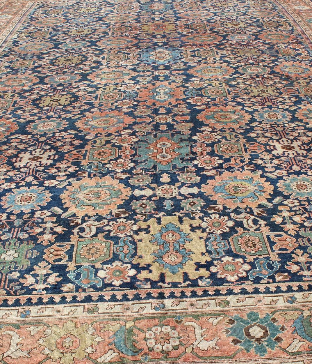 Very Large Antique Persian Hamedan Rug with Blossom Design in Blue Background For Sale 3