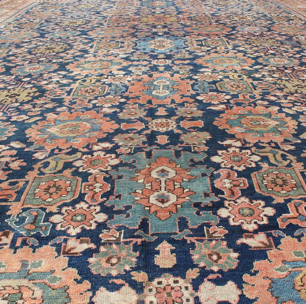 Very Large Antique Persian Hamedan Rug with Blossom Design in Blue Background For Sale 4