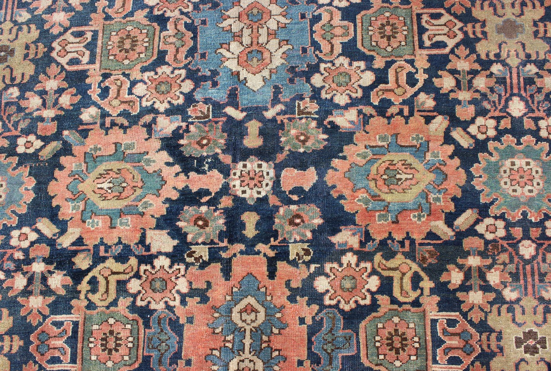 Very Large Antique Persian Hamedan Rug with Blossom Design in Blue Background For Sale 5
