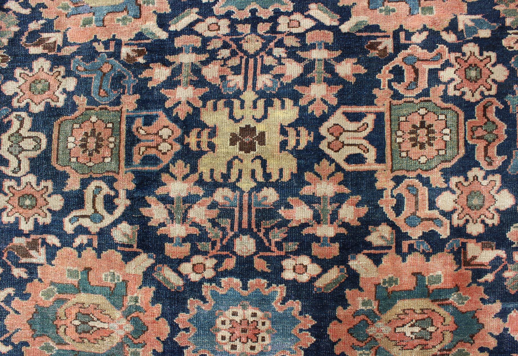 Very Large Antique Persian Hamedan Rug with Blossom Design in Blue Background For Sale 6