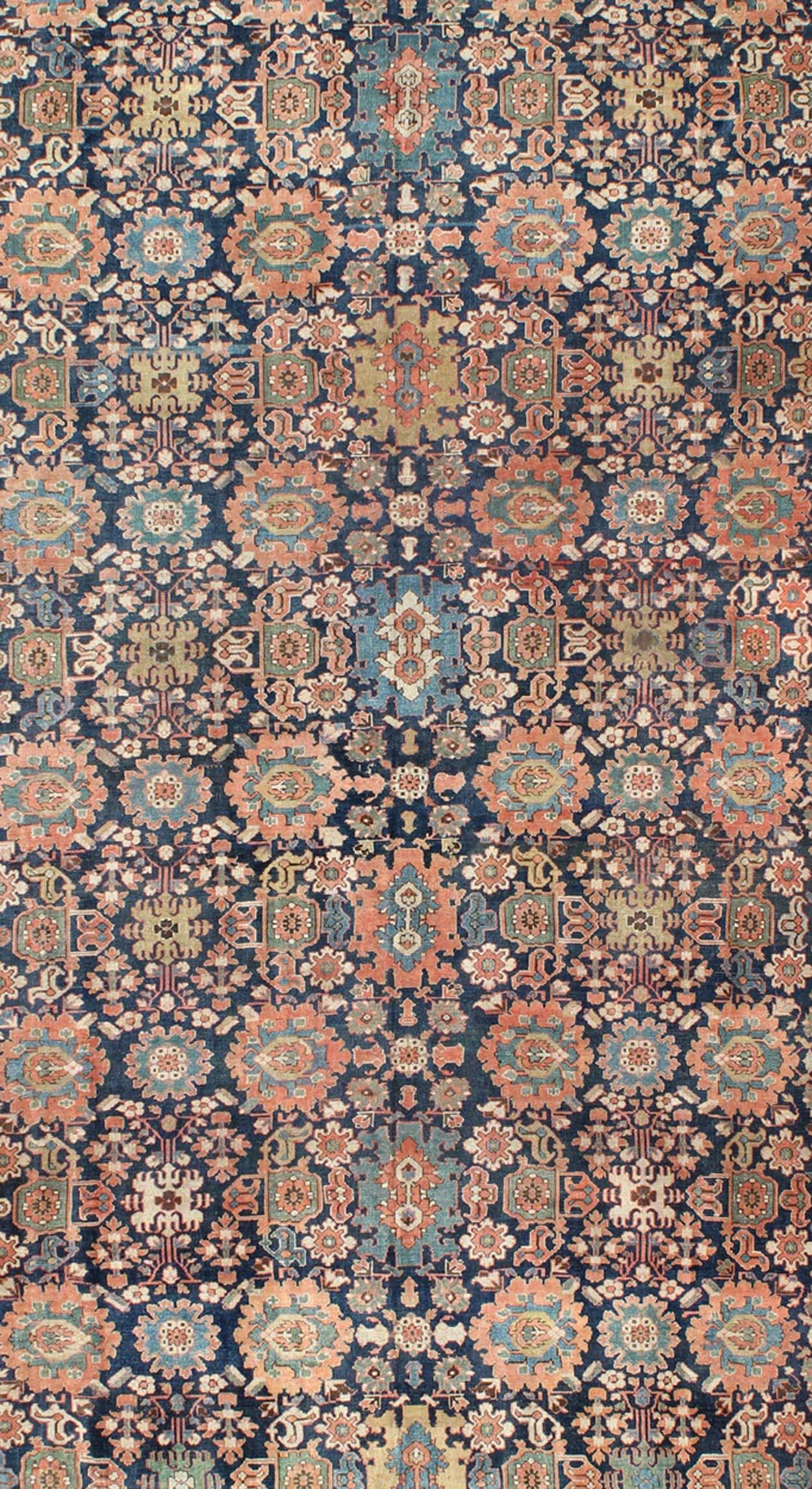 Malayer Very Large Antique Persian Hamedan Rug with Blossom Design in Blue Background For Sale