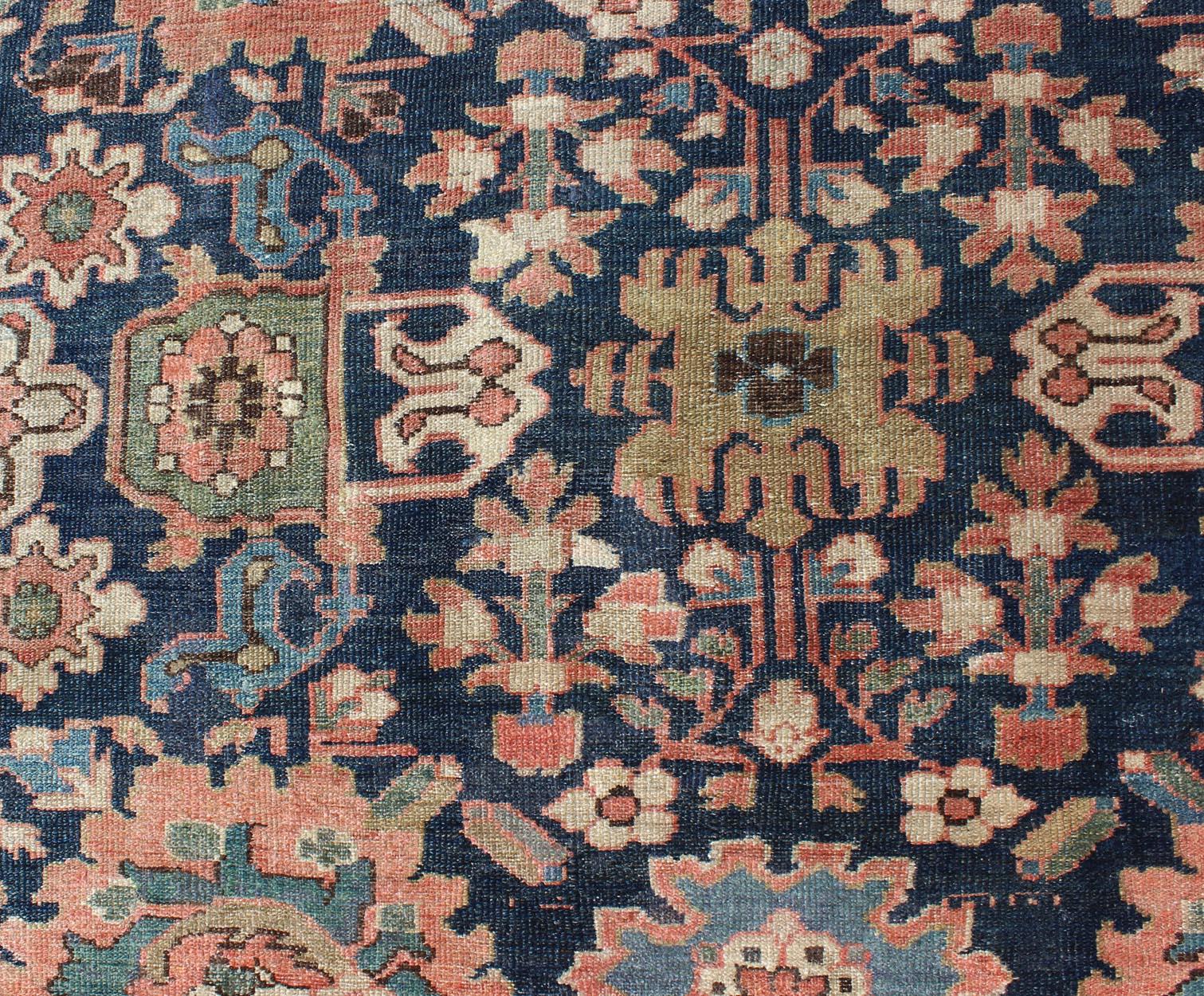 Early 20th Century Very Large Antique Persian Hamedan Rug with Blossom Design in Blue Background For Sale