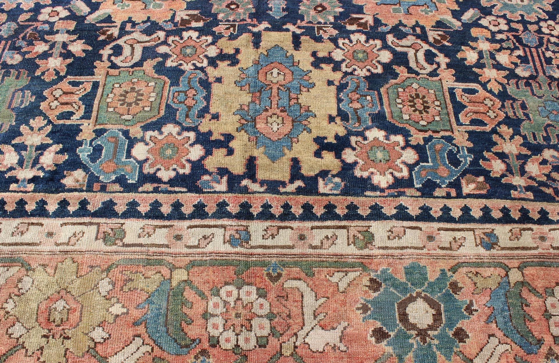 Wool Very Large Antique Persian Hamedan Rug with Blossom Design in Blue Background For Sale