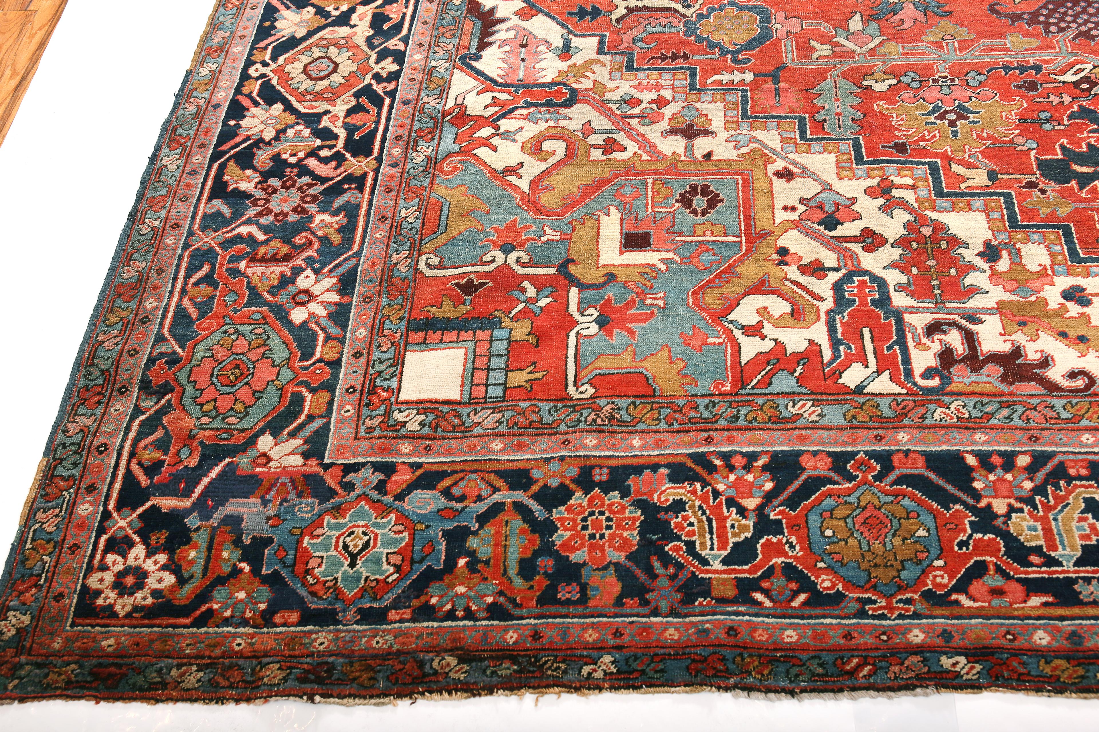 Hand-Knotted Large Antique Persian Heriz Serapi Rug 12'2