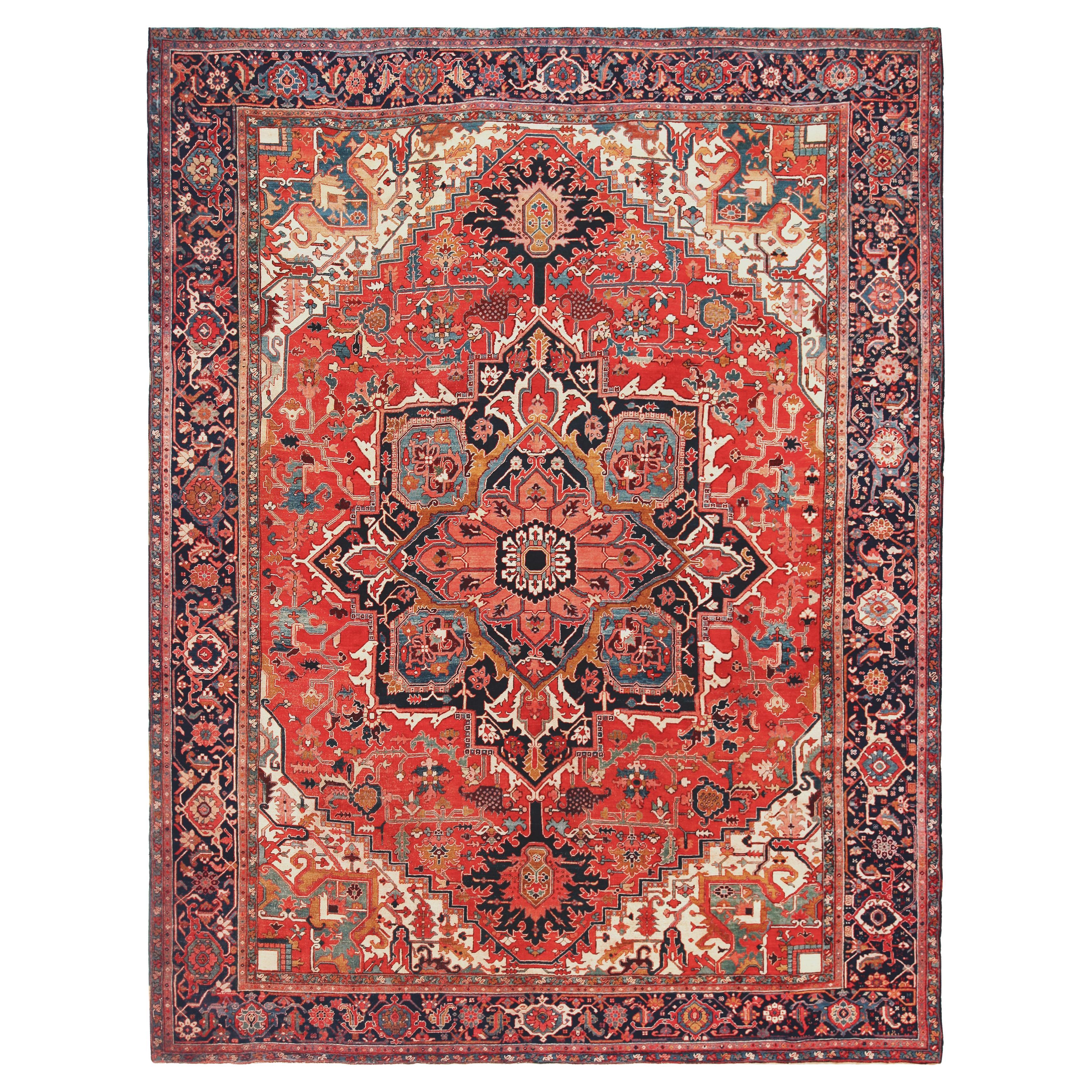 Large Antique Persian Heriz Serapi Rug 12'2" x 15'7" For Sale