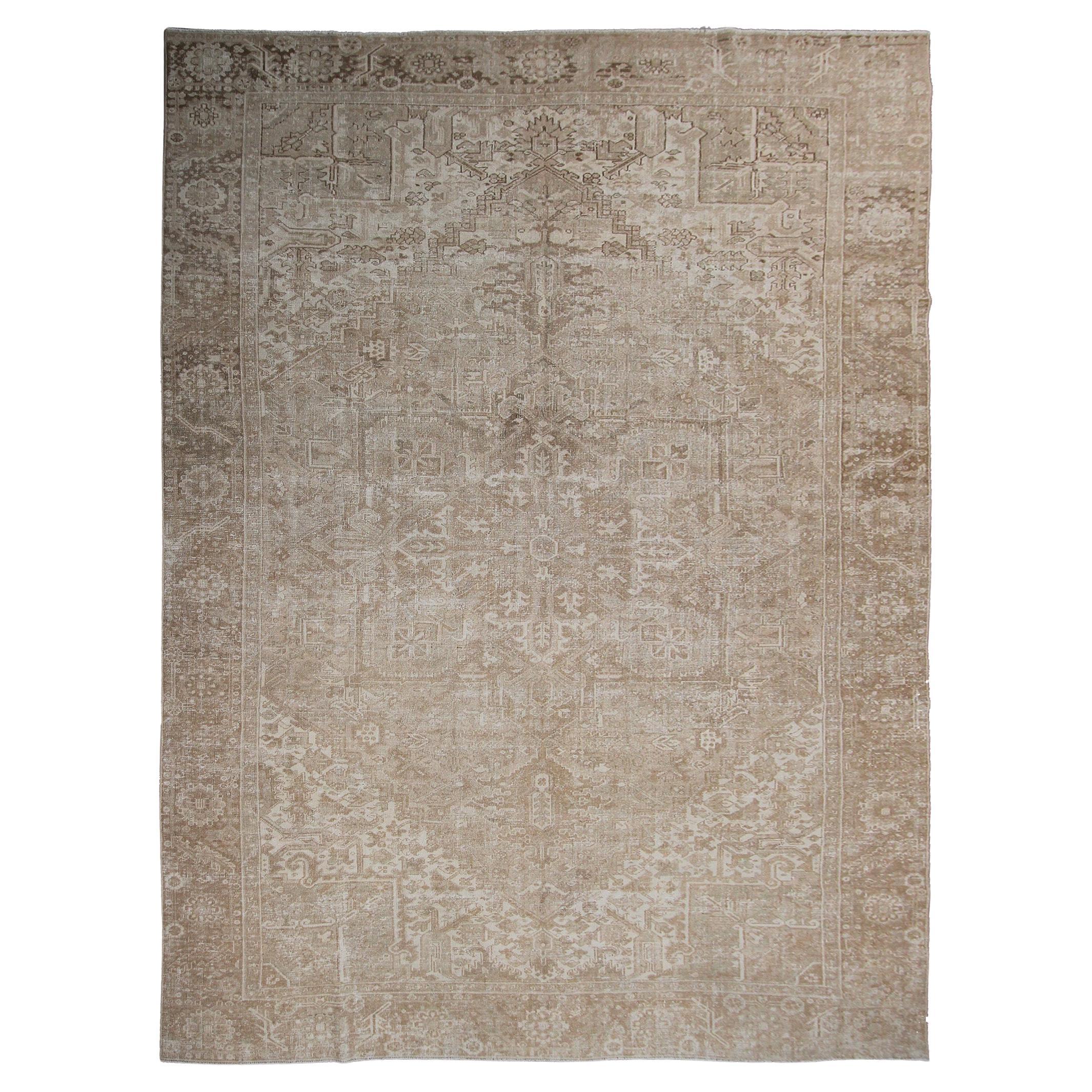 Grand tapis persan ancien Heriz Serapi beige ivoire géométrique 10x13 Antique Heriz