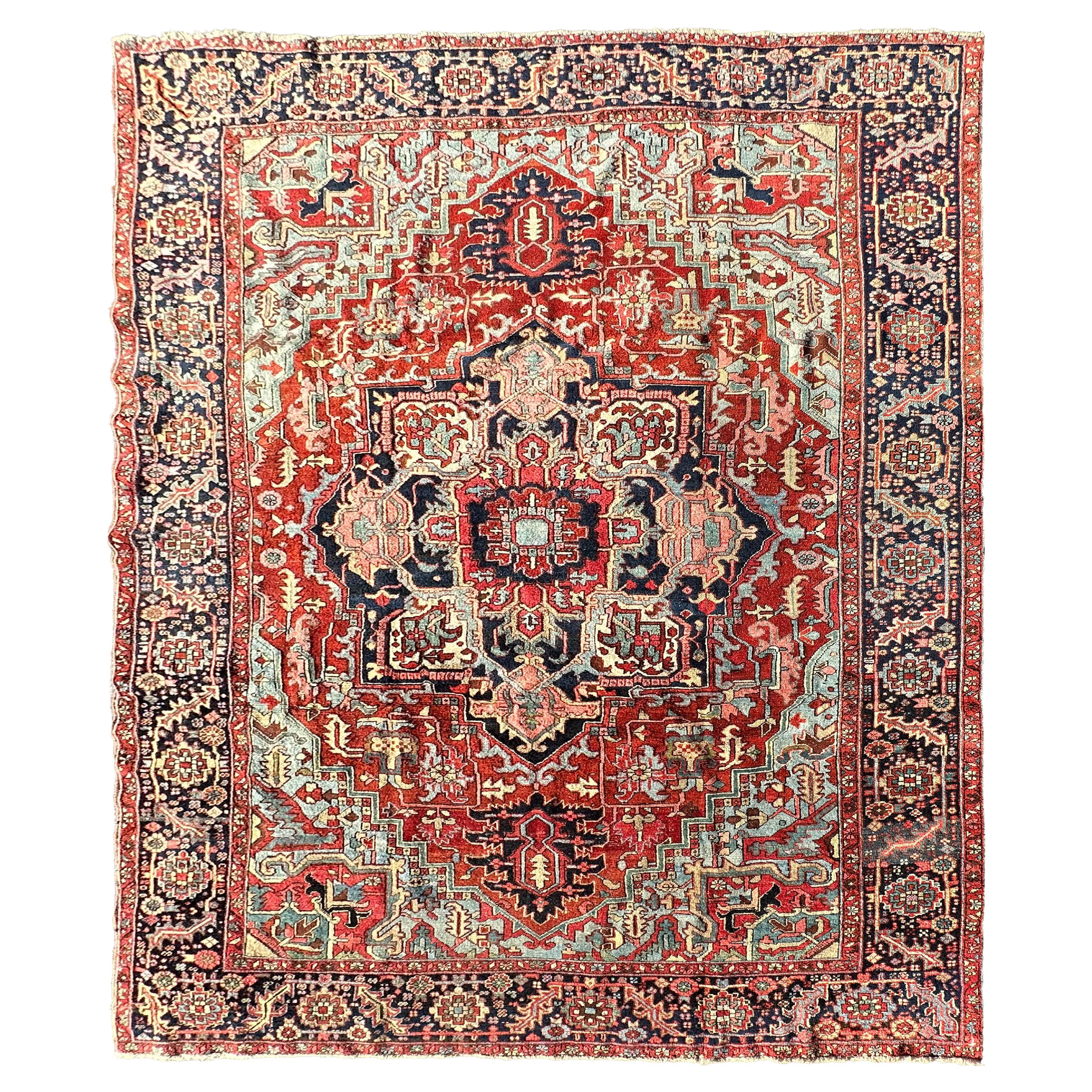 Grand tapis persan ancien Heriz Serapi géométrique Heriz 244 cm x 325 cm 