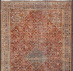 Large Antique Persian Joshegan Rug in Rust Red, Light Blue, Green, Gold & Olive