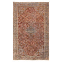 Large Antique Persian Joshegan Rug in Rust Red, Light Blue, Green, Gold & Olive