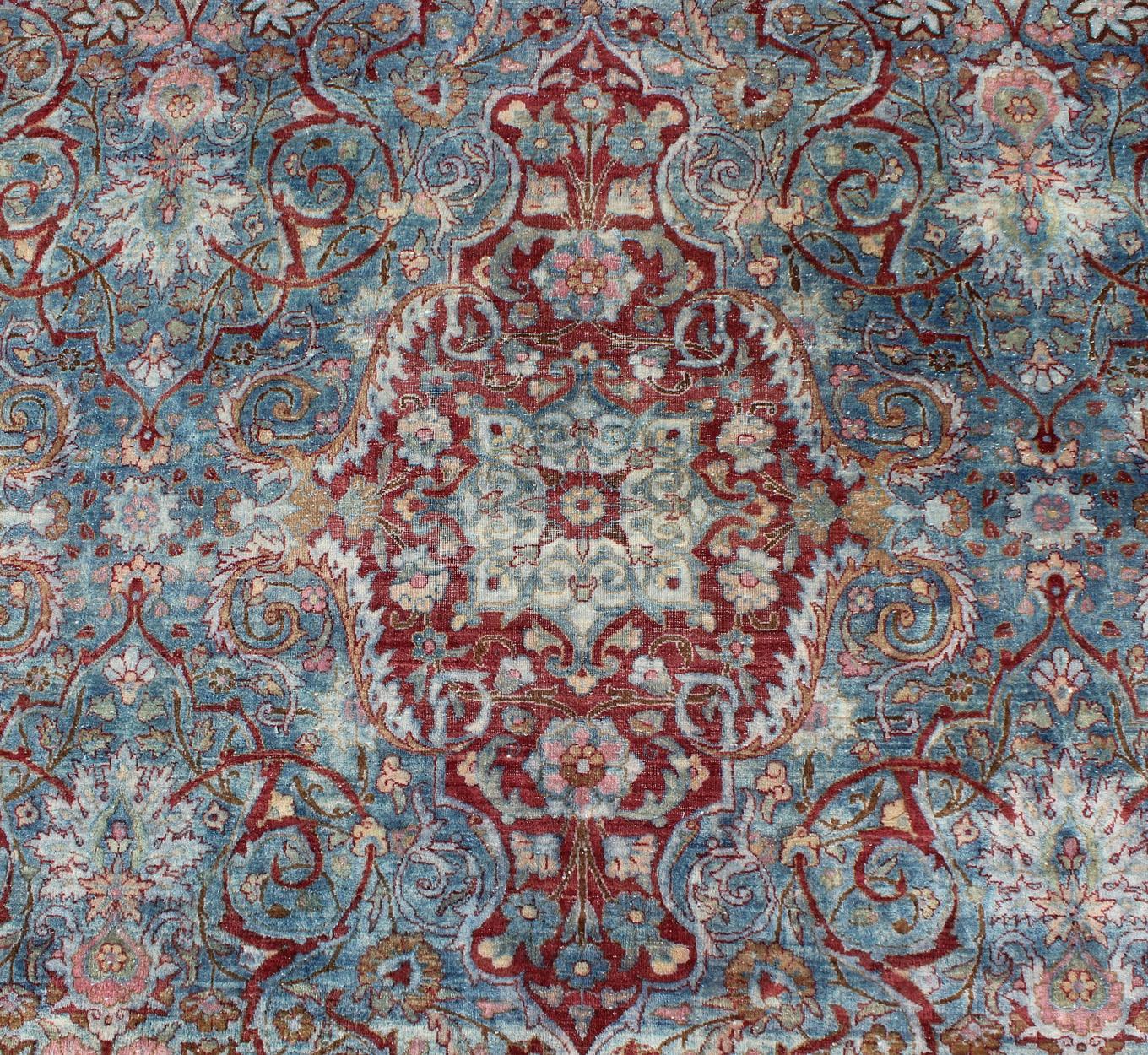 Large Antique Persian Kerman Rug with Medallions in Light Blue, Red and Pink For Sale 2