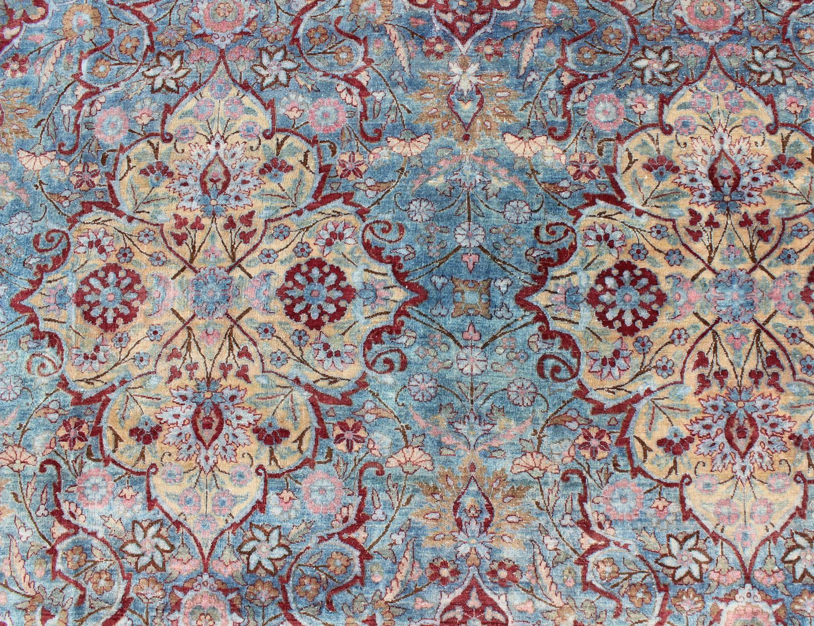 Large Antique Persian Kerman Rug with Medallions in Light Blue, Red and Pink For Sale 3