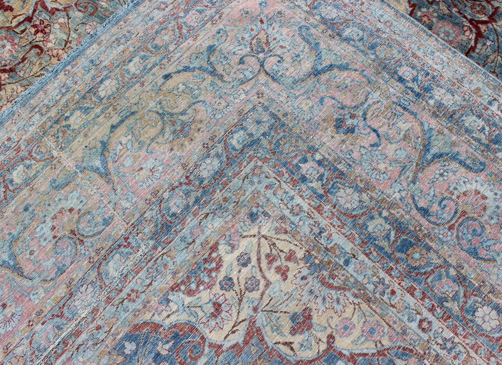 Large Antique Persian Kerman Rug with Medallions in Light Blue, Red and Pink For Sale 4