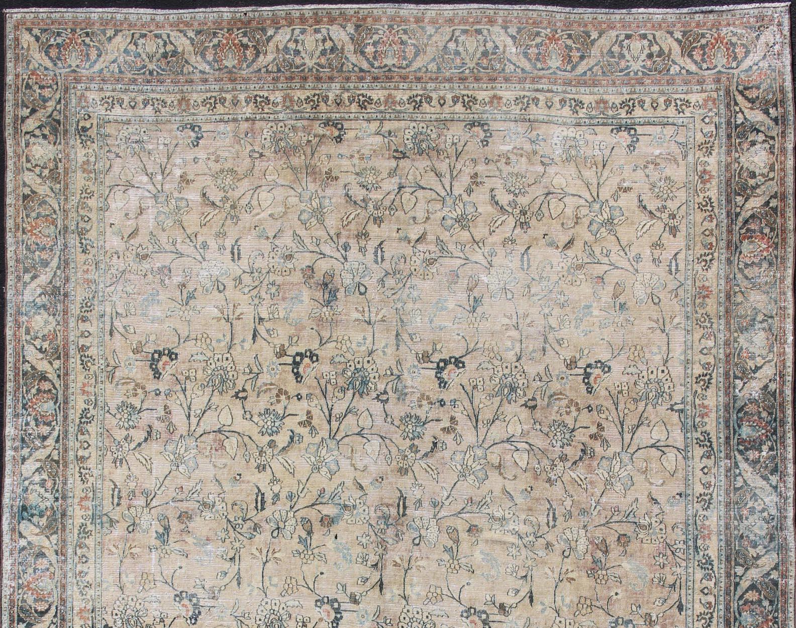 Hand-Knotted Large Antique Persian Khorassan with All-Over Earth Tones Botanical Design For Sale