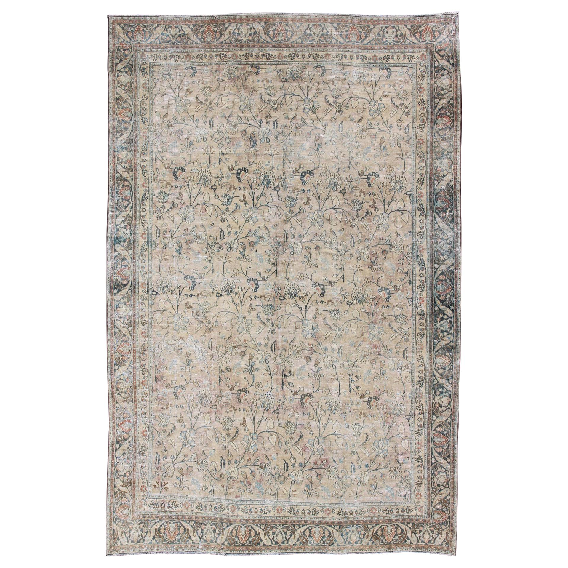 Large Antique Persian Khorassan with All-Over Earth Tones Botanical Design