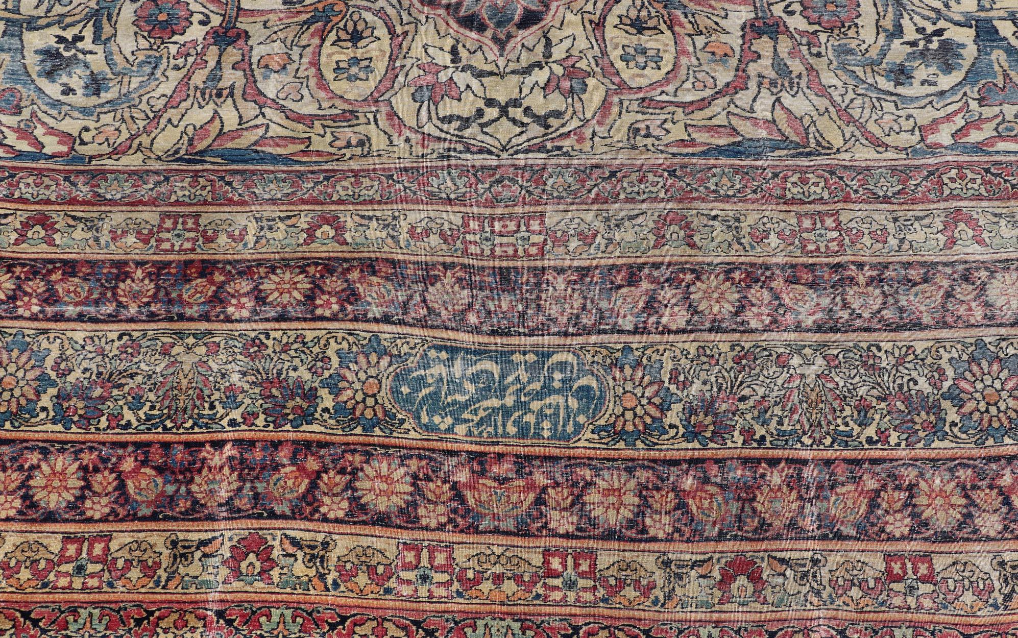 Large Antique Persian Lavar Kerman Rug with Blooming Central Medallion For Sale 8