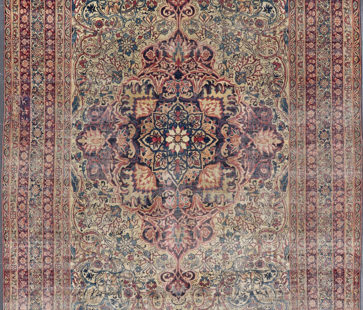 Large Antique Persian Lavar Kerman Rug with Blooming Central Medallion For Sale 11