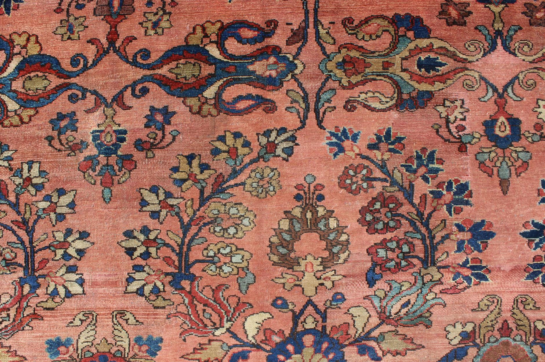 Alfombra Persa Antigua Lilihan de 11'1 x 17' en colores salmón, azul, verde y óxido en venta 2