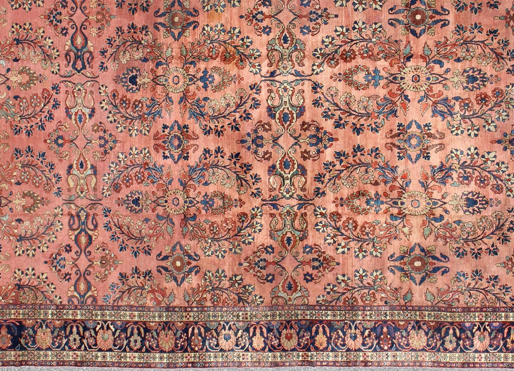 Large Antique Persian Lilihan Rug in Salmon, Blue, Green, Yellow & Rust Colors In Good Condition For Sale In Atlanta, GA
