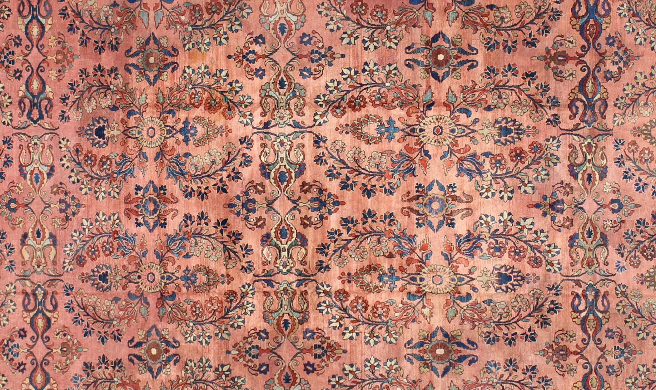 20th Century Large Antique Persian Lilihan Rug in Salmon, Blue, Green, Yellow & Rust Colors For Sale