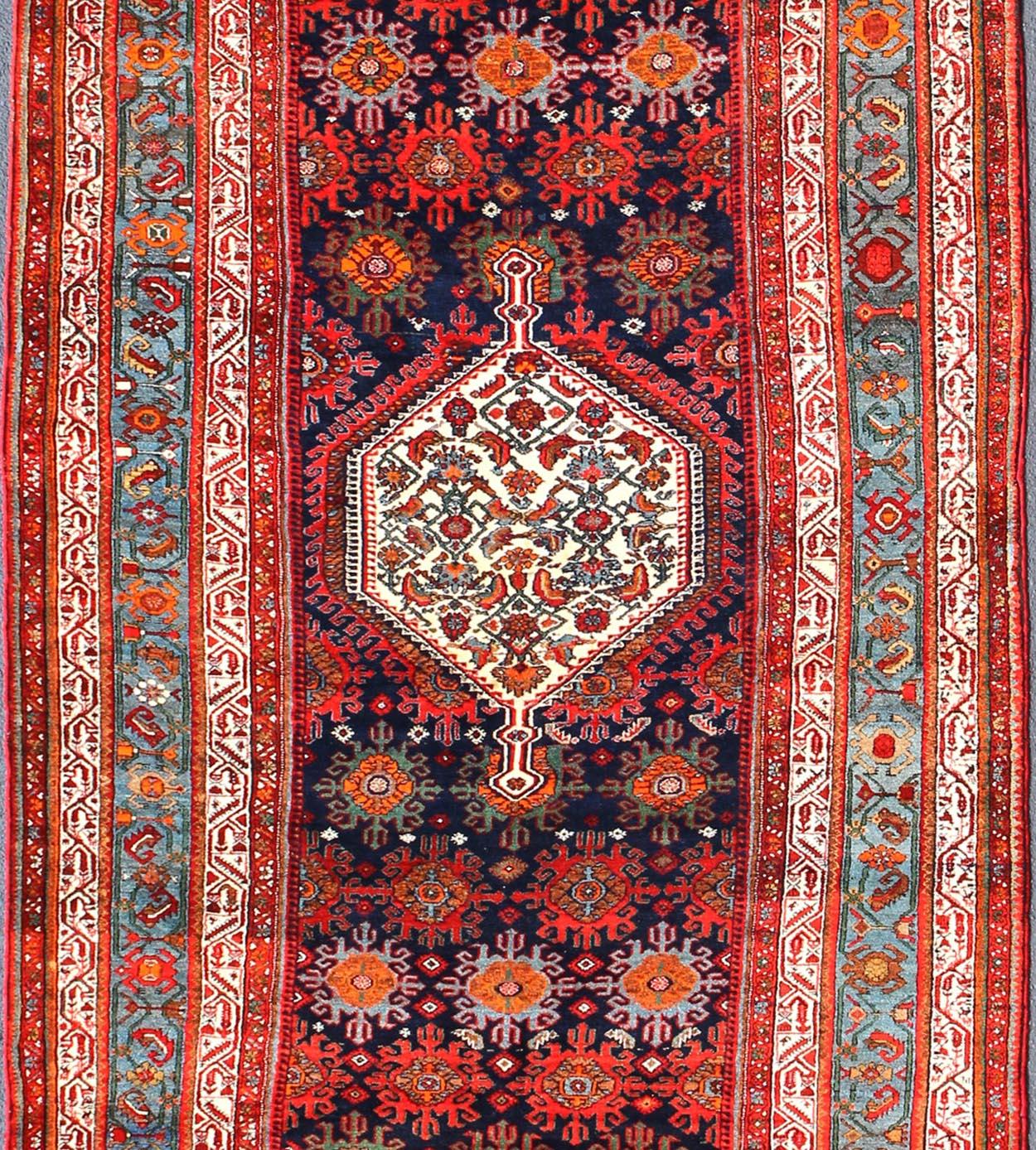Hand-Knotted Large Antique Persian Malayer Gallery Runner with Geometric Medallion For Sale