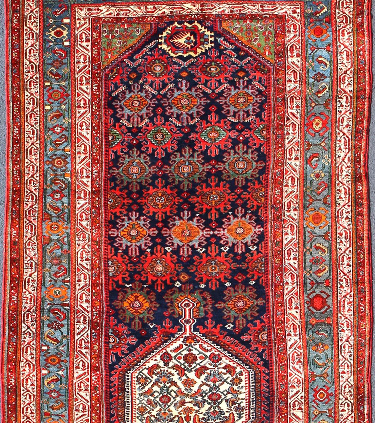 Large Antique Persian Malayer Gallery Runner with Geometric Medallion In Excellent Condition For Sale In Atlanta, GA