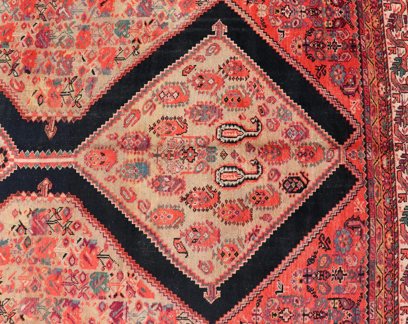 Wool Large Antique Persian Malayer Gallery Runner with Geometric Medallion For Sale