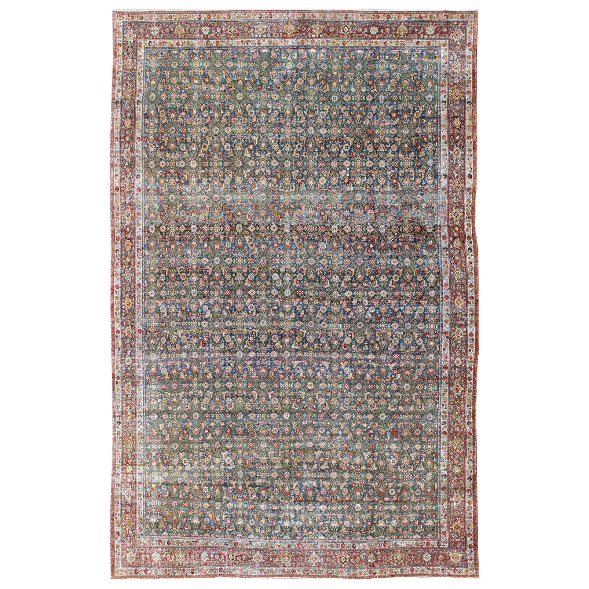 Antique Hand Knotted Persian Malayer Rug All-Over Design on a Teal Background For Sale