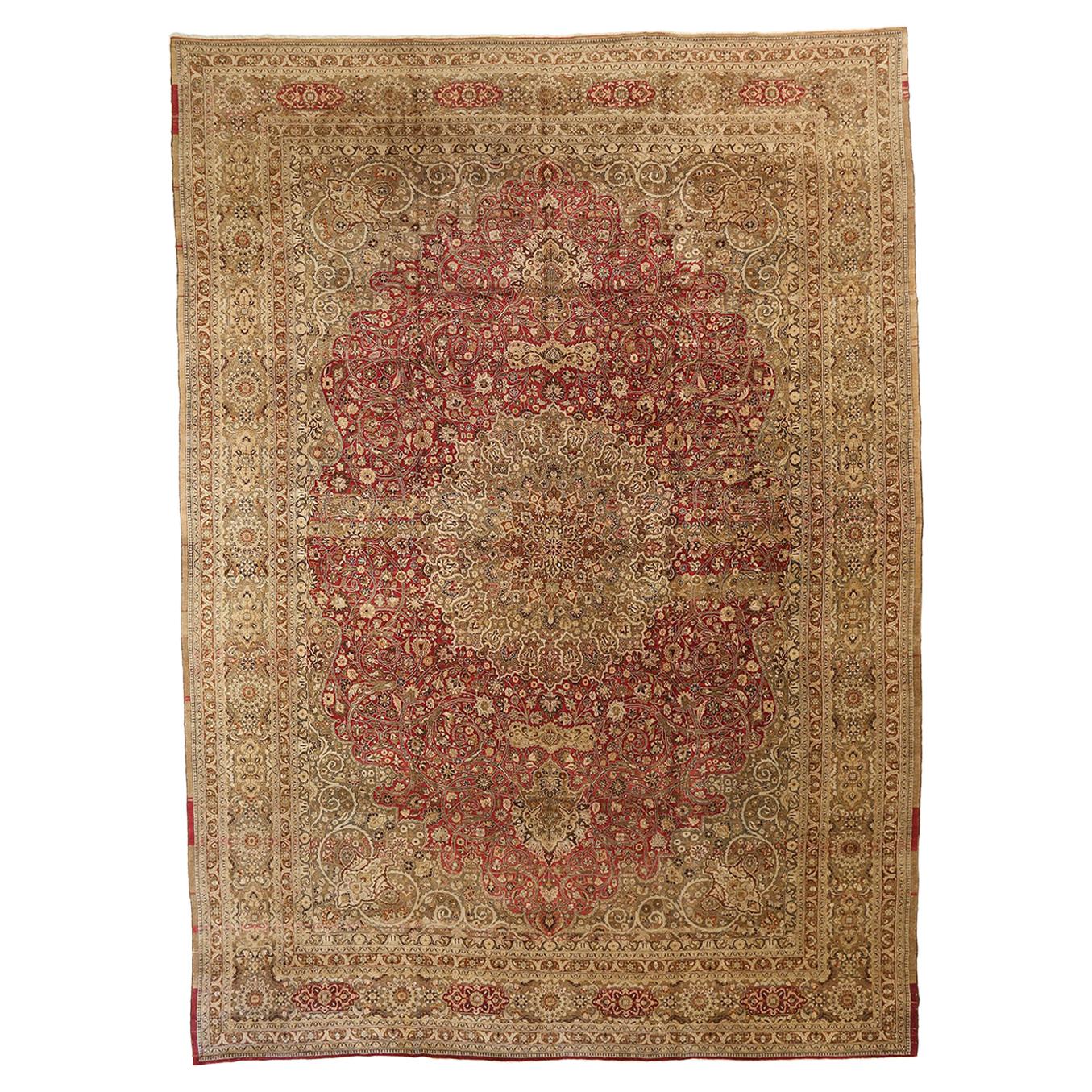 Large Antique Persian Mashad Rug with Beige and Brown Florals Over Red Field For Sale