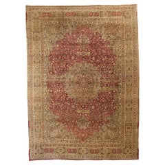 Large Vintage Persian Mashad Rug with Beige and Brown Florals Over Red Field
