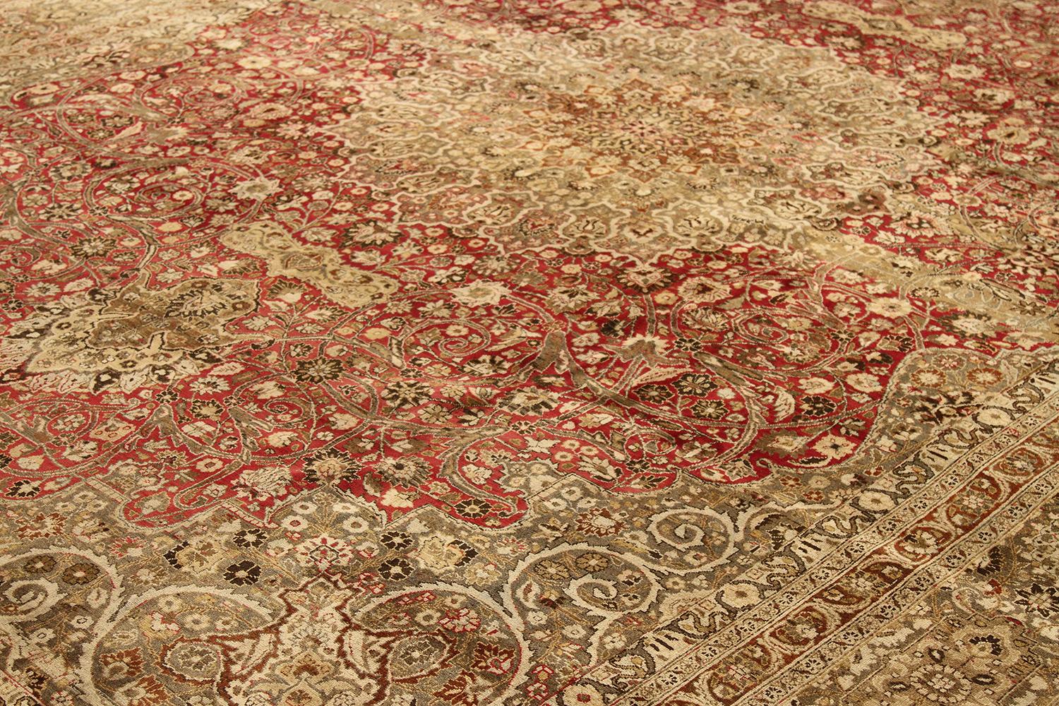 Other Large Antique Persian Mashad Rug with Beige and Brown Florals Over Red Field For Sale
