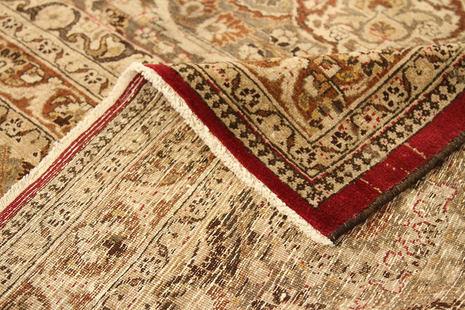 Hand-Woven Large Antique Persian Mashad Rug with Beige and Brown Florals Over Red Field For Sale